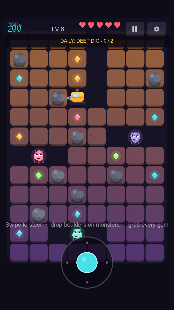 Kalot gameplay: the yellow drilling machine carves through brown and purple dirt among glowing gems, grey boulders, and colorful monsters, with the score, five lives, and joystick visible.