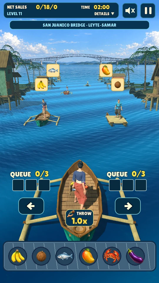 A player stands in a banca, delivering fruit and fish to customers in boats with San Juanico Bridge in the distance