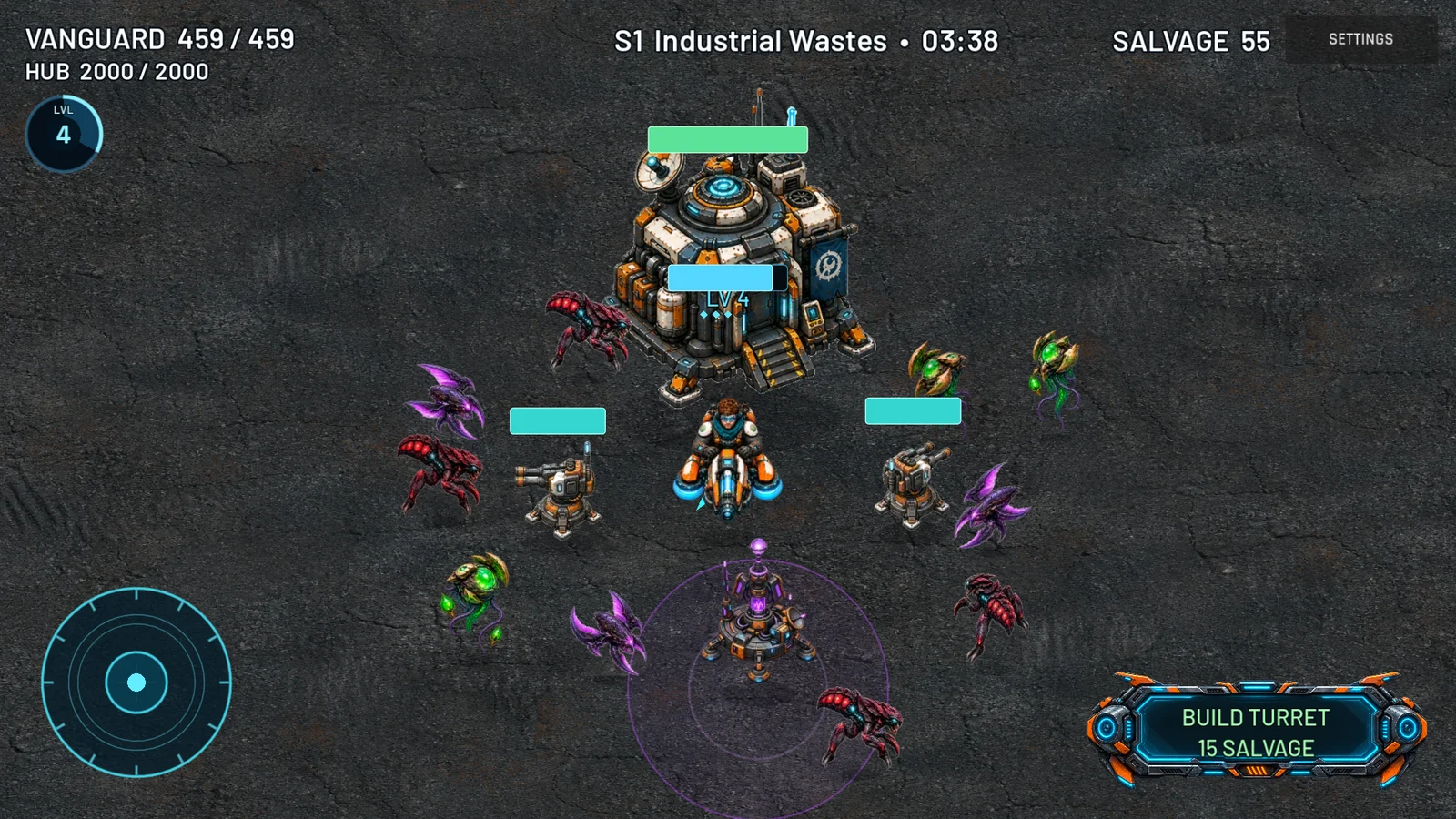 A lone engineer defends the command hub with turrets and a jammer against alien attackers